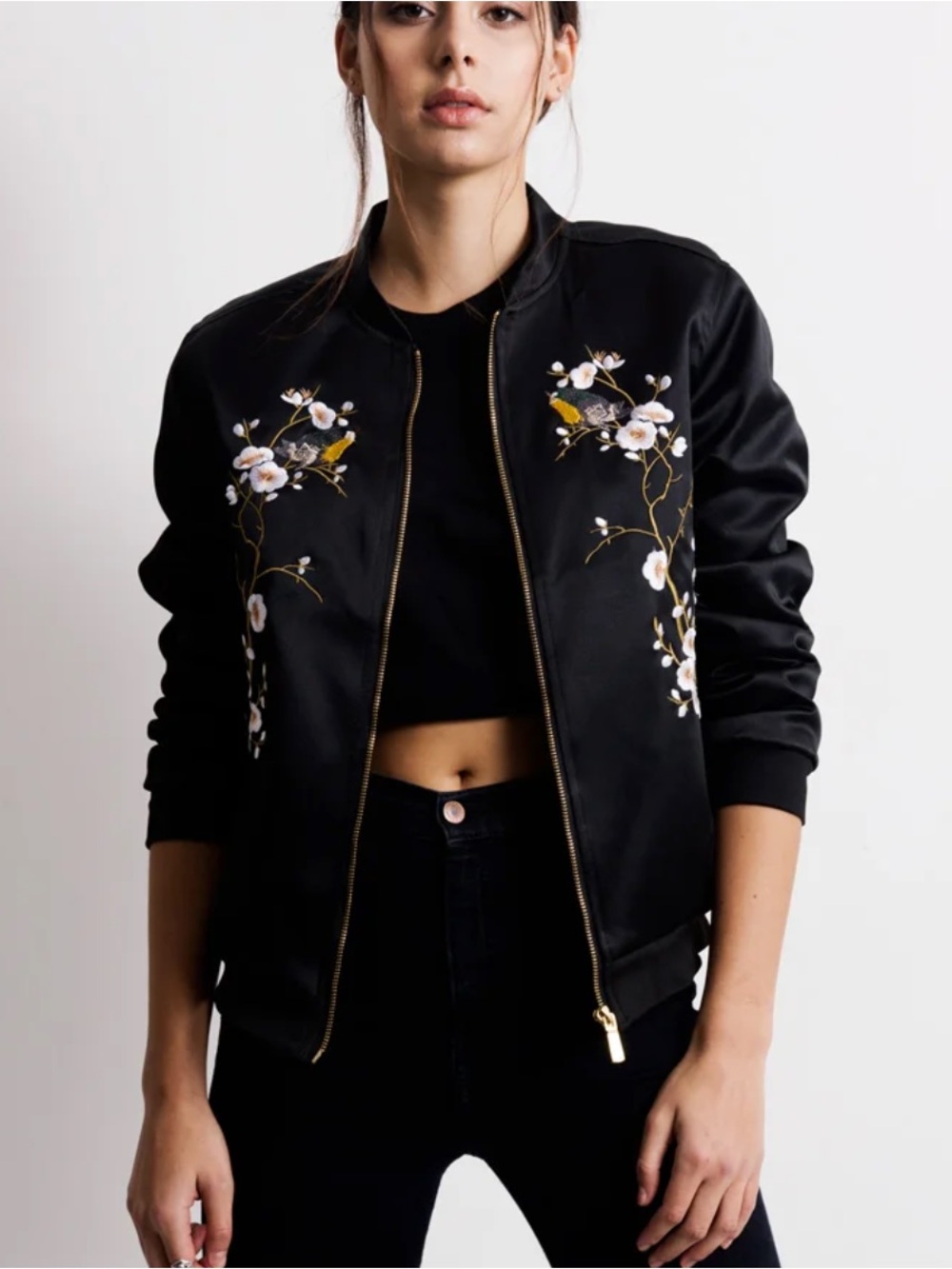 Zara Woman Embroidered Cherry Blossom Satin Bomber Jacket, Black